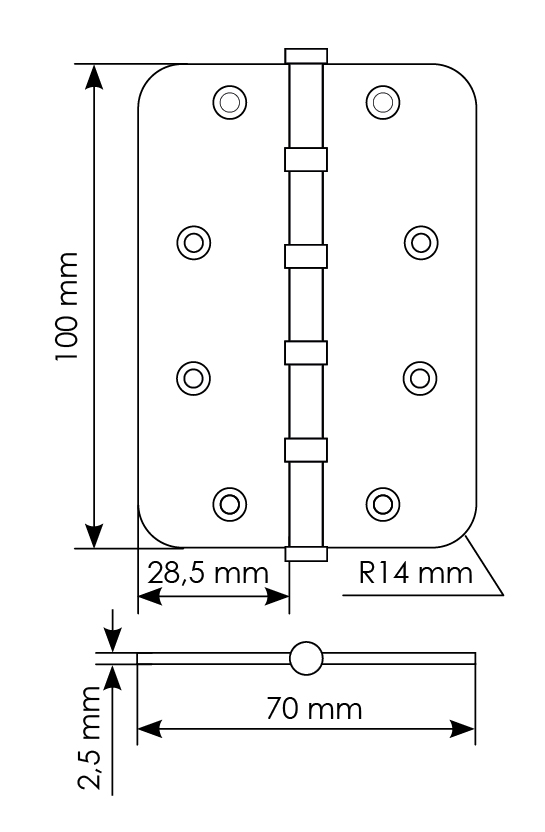 Петля стальная MSN-C 100X70X2.5-4BB SG скругленная универсальная с подшипником, вес полотна до 40 кг, цвет матовое золото фото купить в Ставрополе