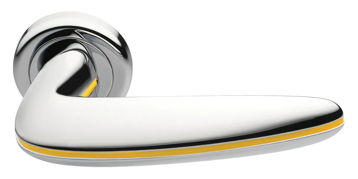 Ручка дверная SUNRISE R4 CRO/GIALLO раздельная на круглой розетке, цвет хром/желтый, латунь фото купить Ставрополь
